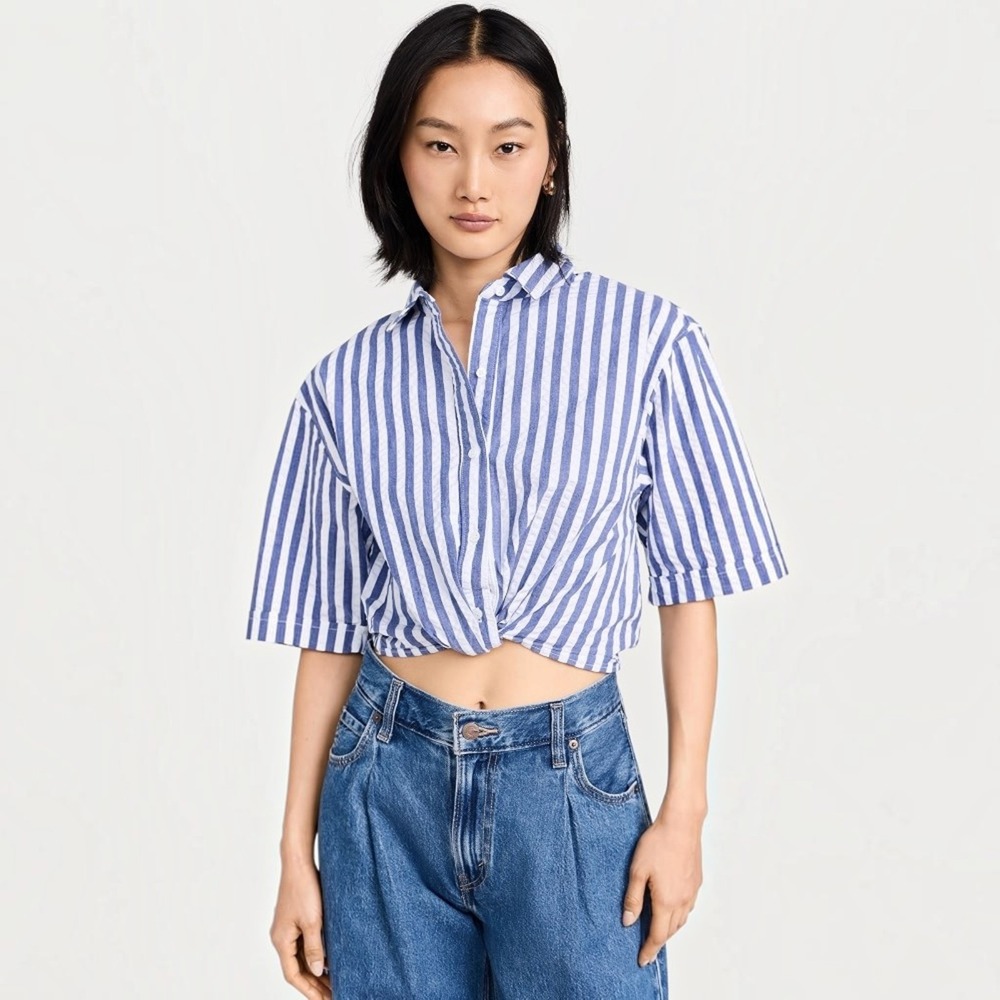 Stateside Puckered Stripe Twist Front Crop Shirt Navy White Coastal Preppy XS